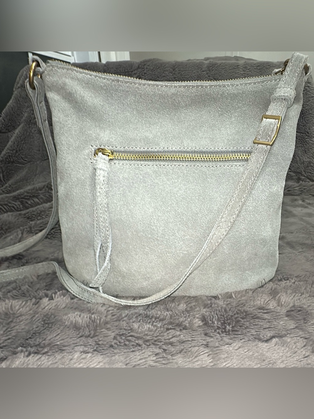 Margot New York Suede Crossbody Bag in Light Gray with Gold Hardware (bags19)